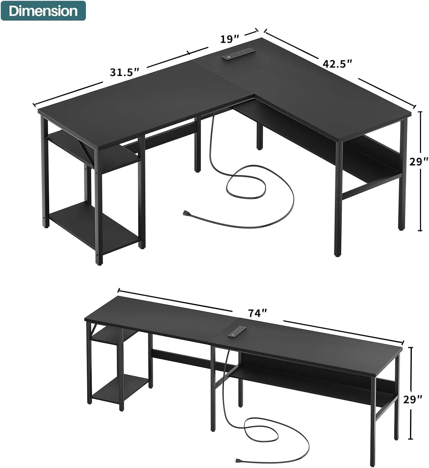 Table Réversible en Forme de L avec Prise de Courant et Port USB, Bureau d'Ordinateur d'Angle Robuste avec Support de Rangement