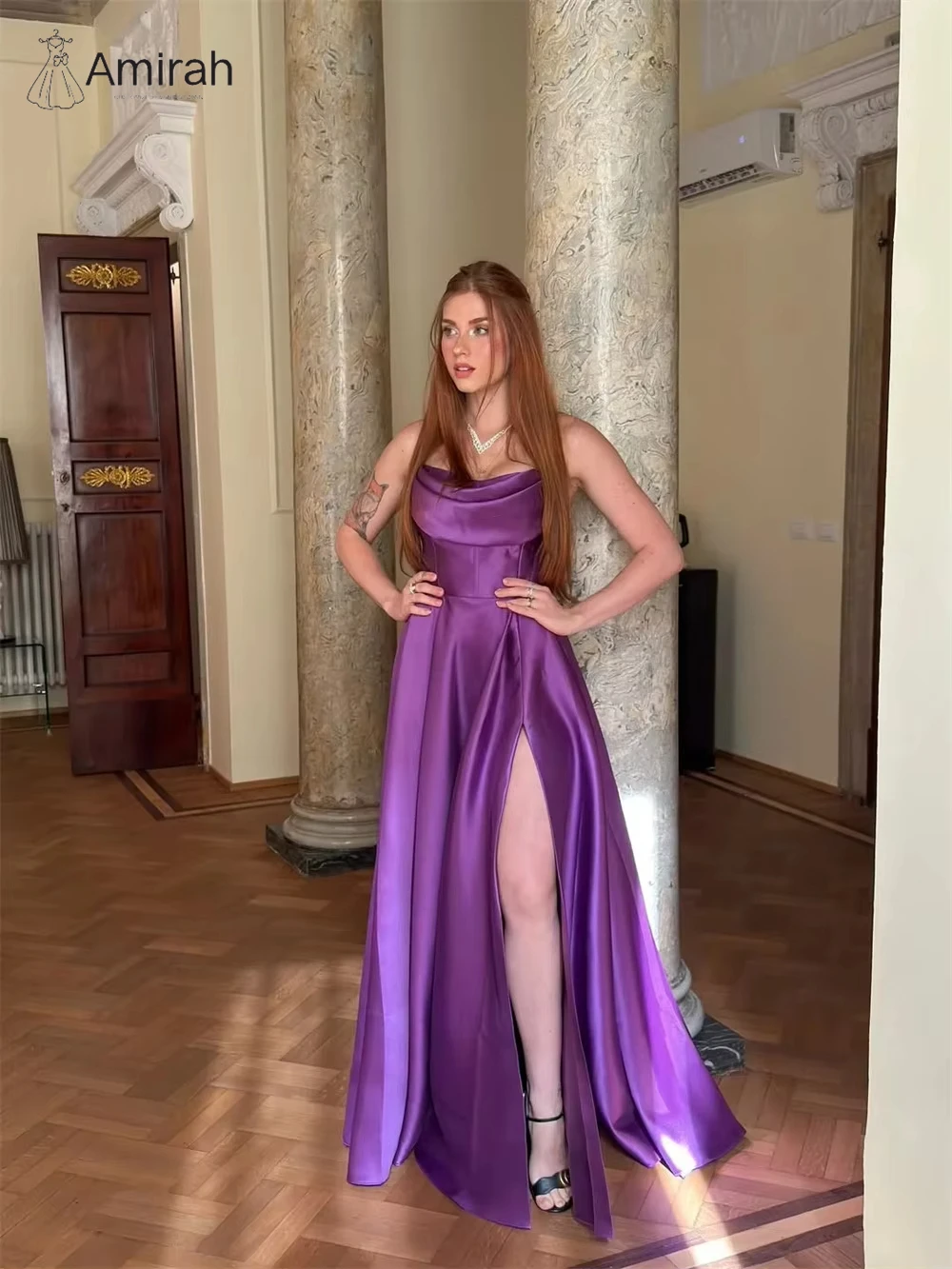 Amirah op maat gemaakte luxe damesavondjurken vrouw elegante luxe dames elegante feestjurk zijsplit A-lijn satijn