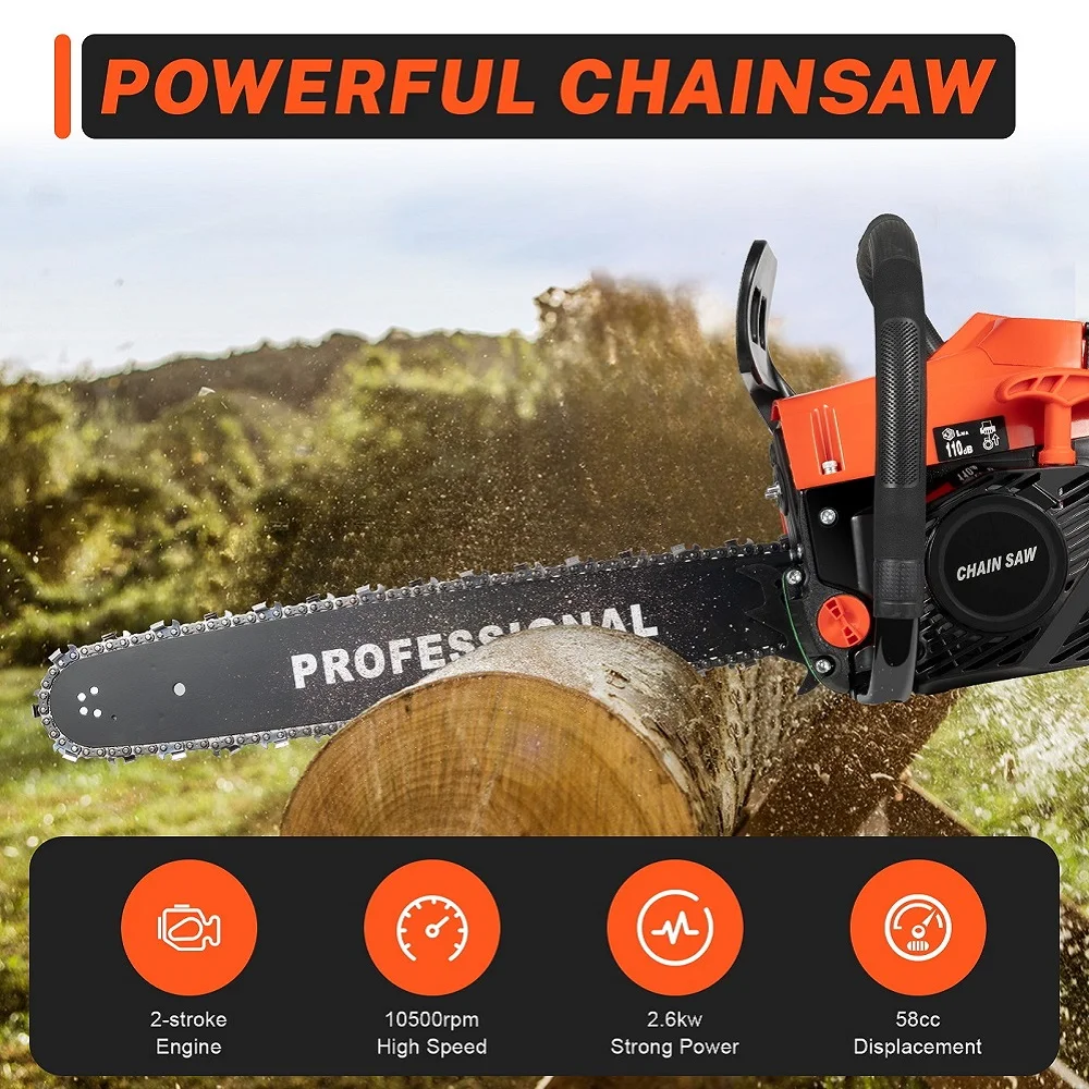 62CC Chainsaw 20In 2Stroke Gasoline Chain 2 Cycle Engine Saw Cutting Job Gas Powered Top Handle Chainsaw