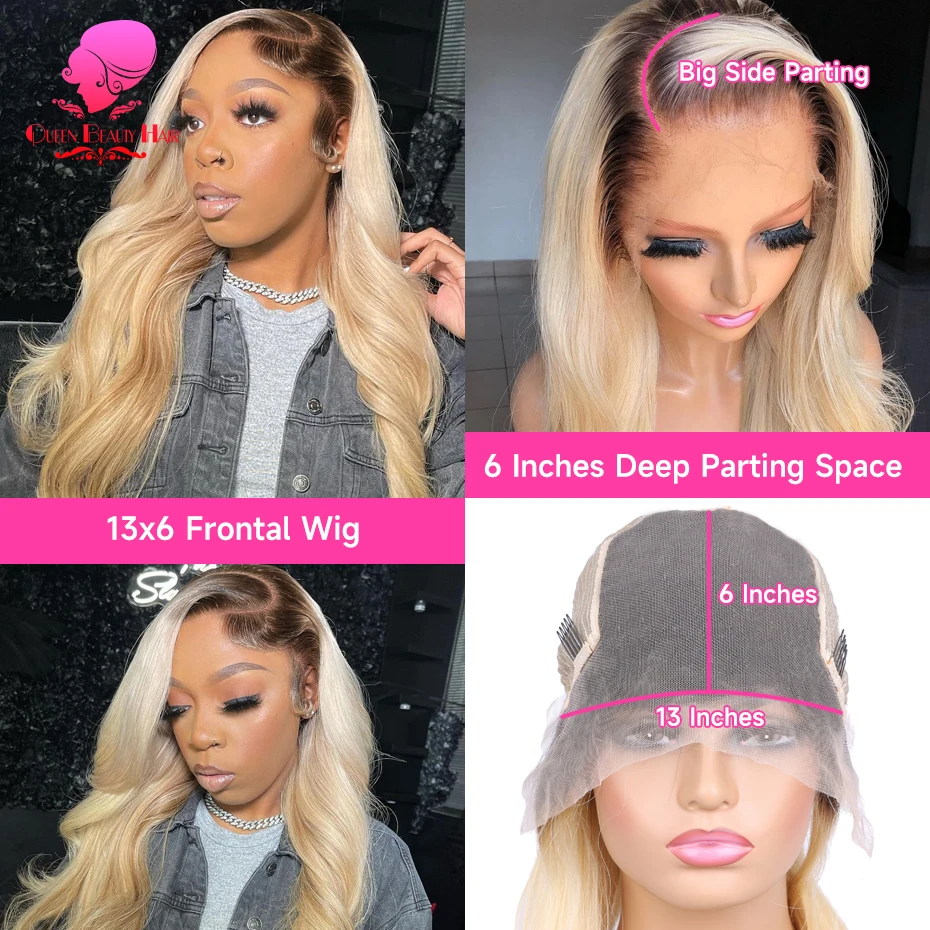 13x6 Full Lace Frontal Perücke aus Echthaar, 1B 613 Ombre Blonde Perücke mit dunklen Ansätzen, peruanische Body Wave Lace Front Echthaarperücken für Frauen – Detail 6
