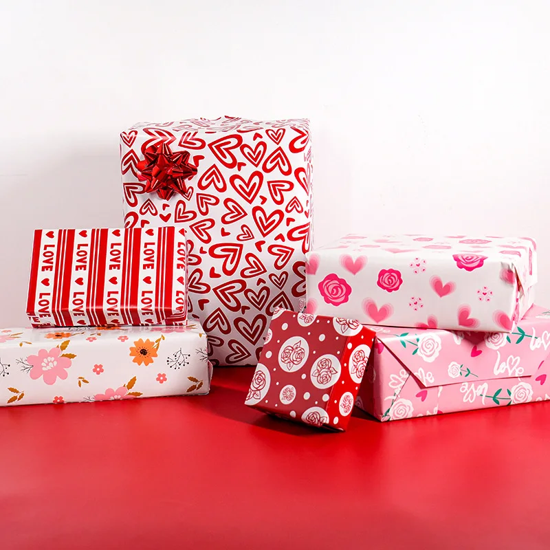 6 Pcs 50x70cm Per Roll Love Theme Red Rose Wrapping Paper Sheet for Wedding Kids Holiday Gift Wrap Craft Paper Decor Gifts