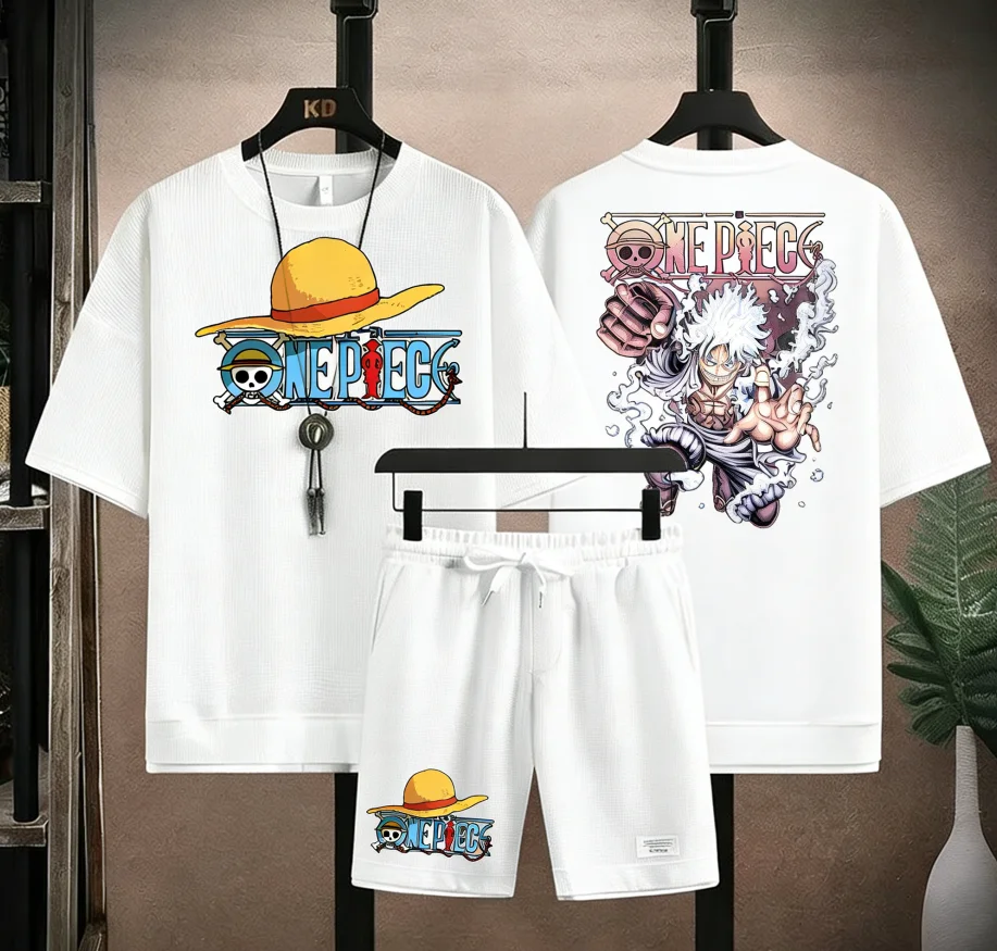 Conjunto de 2 Piezas con Estampado de Luffy Nika Gear 5 para Hombre 2026, Camiseta de Punto Waffle + Pantalones Cortos, Ropa Deportiva de Anime Manga