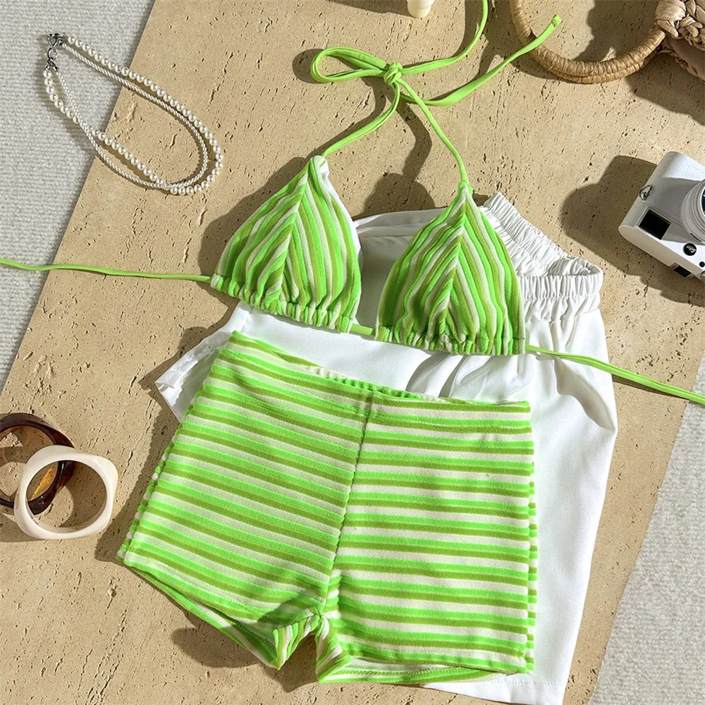 Light Green Striped Swimwear Shorts Halter String Triangle Bikinis Sets Sexy Swimsuit Women 2026 Beachwear Bathing Suit Bikini