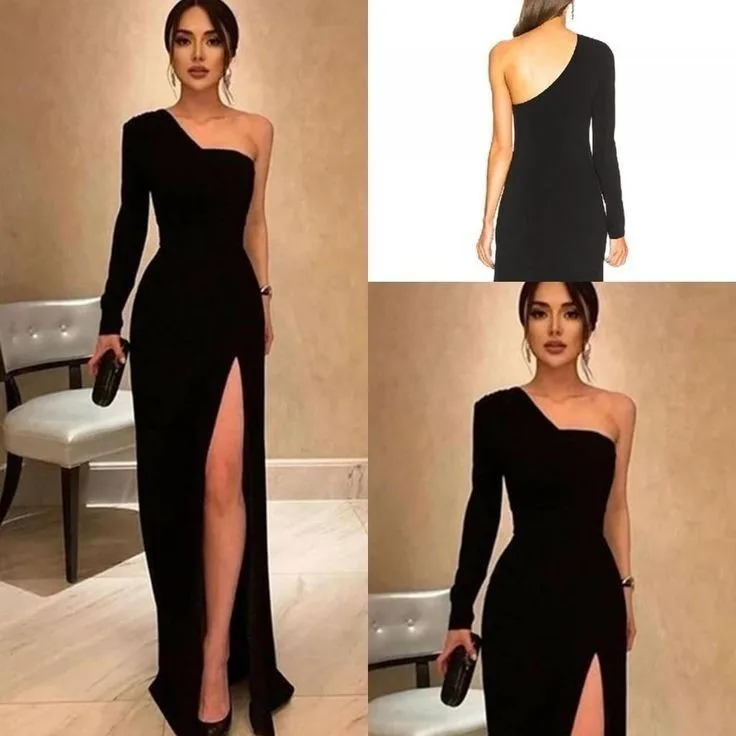 

Satin Black Prom Dresses One Shoulder Party Muslin Wedding Guest Dress with Slit Abendkleider Robes de Soirée for Women 2023