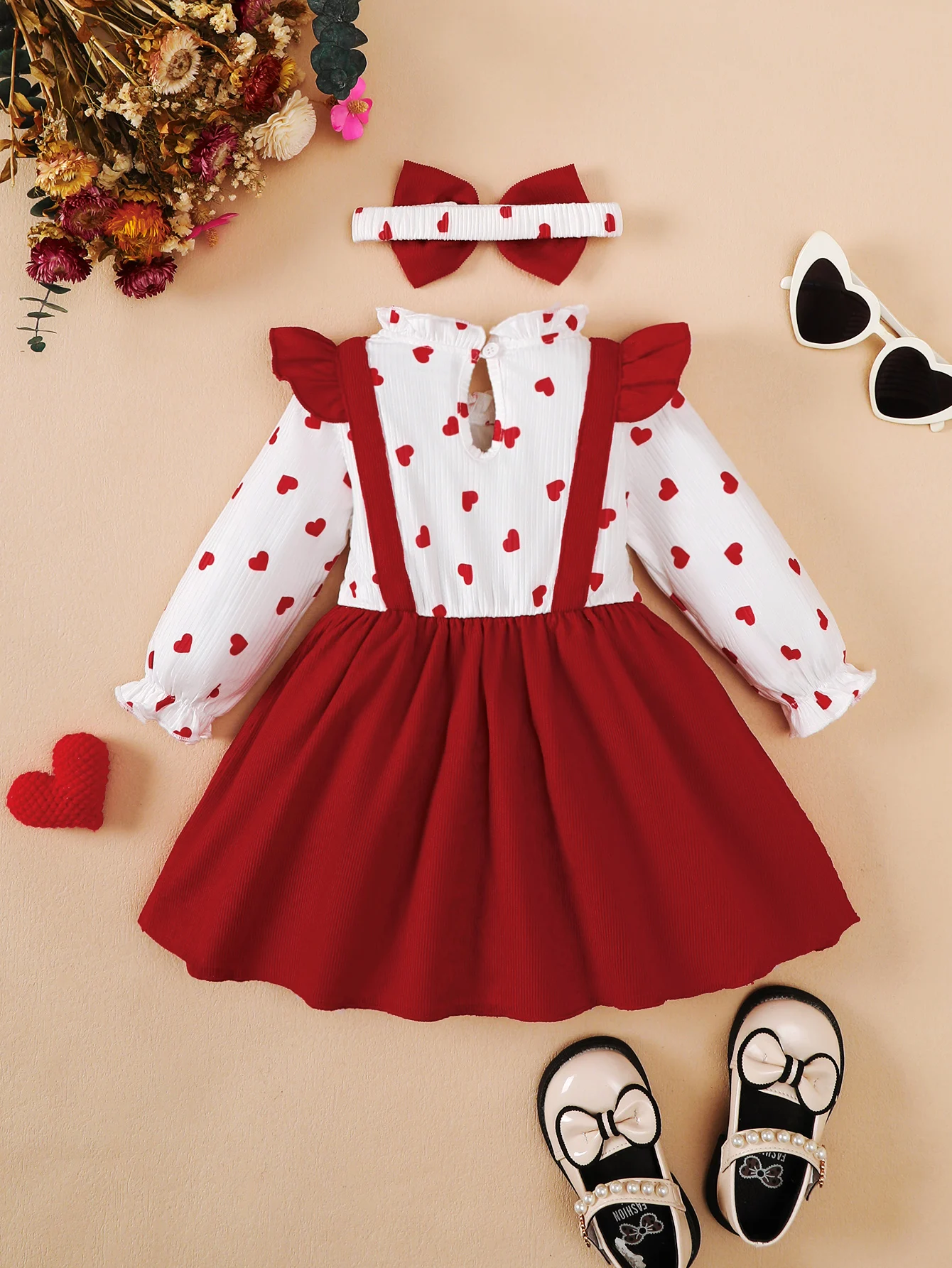 2Pcs Baby Girl Clothes Autumn Dress Set Sweet & Cute Heart Ruffle Long Sleeve Bow Dress+Bow Headband for 2-3Years Infant Outfits