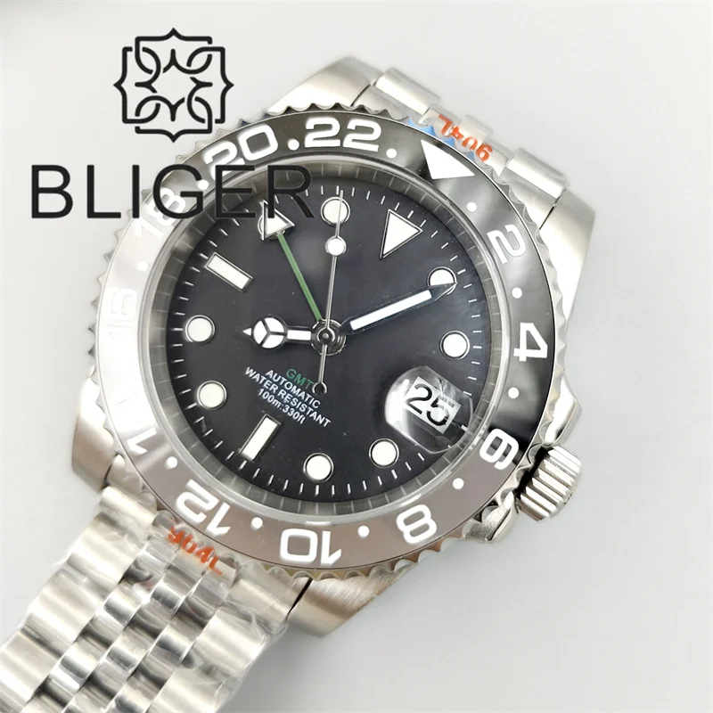 BLIGER 40mm NH34 GMT Watch For Men Bidirectional Rotated Black Gray Bezel Sapphire Glass Black Dial Green GMT Hands Text Jubilee