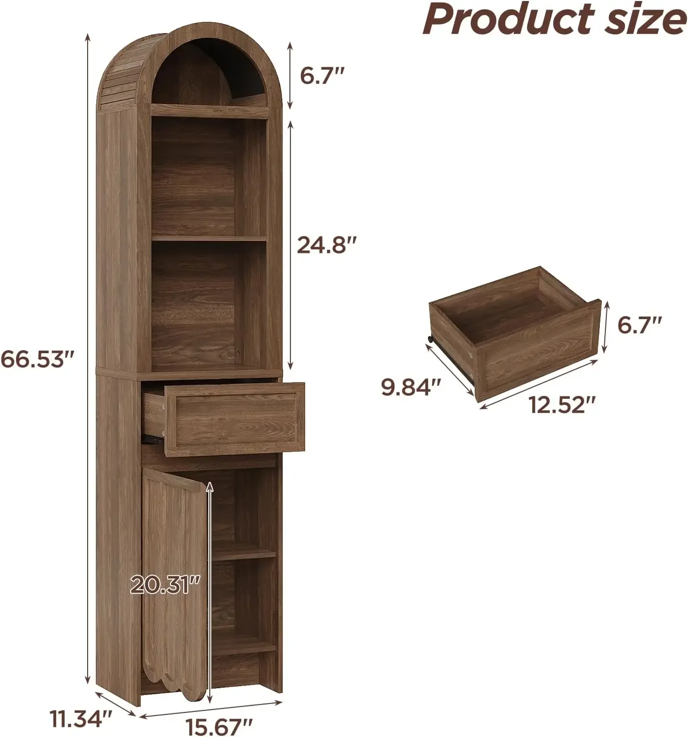 Tall Storage Cabinet Arched Top Fluted 67 Inches Bathroom Organizer Two Open Drawers Adjustable Shelves Space Saving For Living