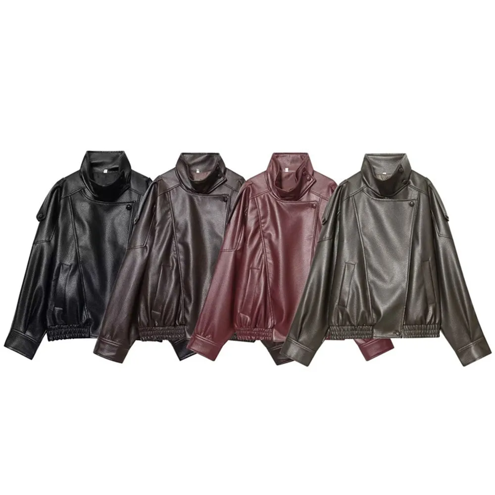 Women’s Leather Jacket Short Classic Design Stand Collar Top Windproof Warm Coats Daily Commute Casual Style Outerwear