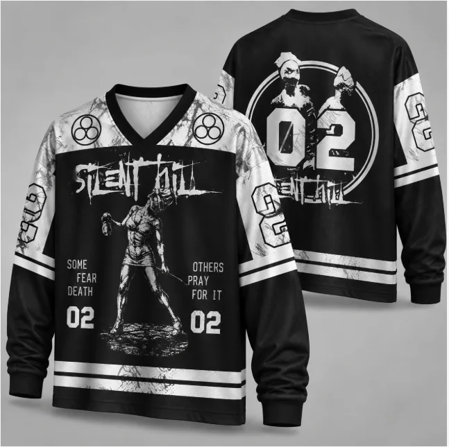 Silent Hill Nurse 02 Long Sleeve Hockey Jersey Black White V-neck Horror Game Oversized Streetwear Halloween Costume