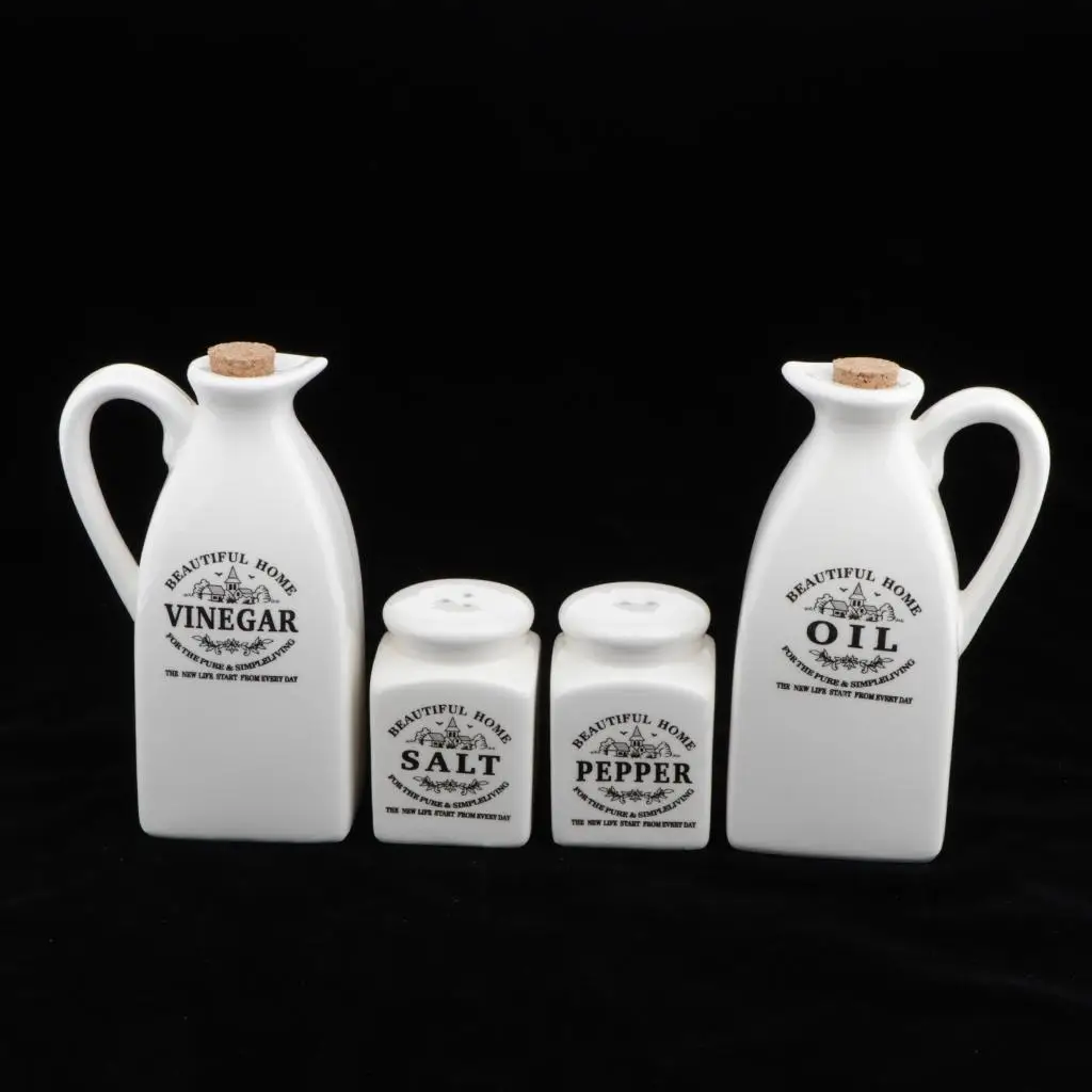 4Pcs White Ceramic Cruet Set for Oil Vinegar Salt Pepper Kitchen Tool Gadget