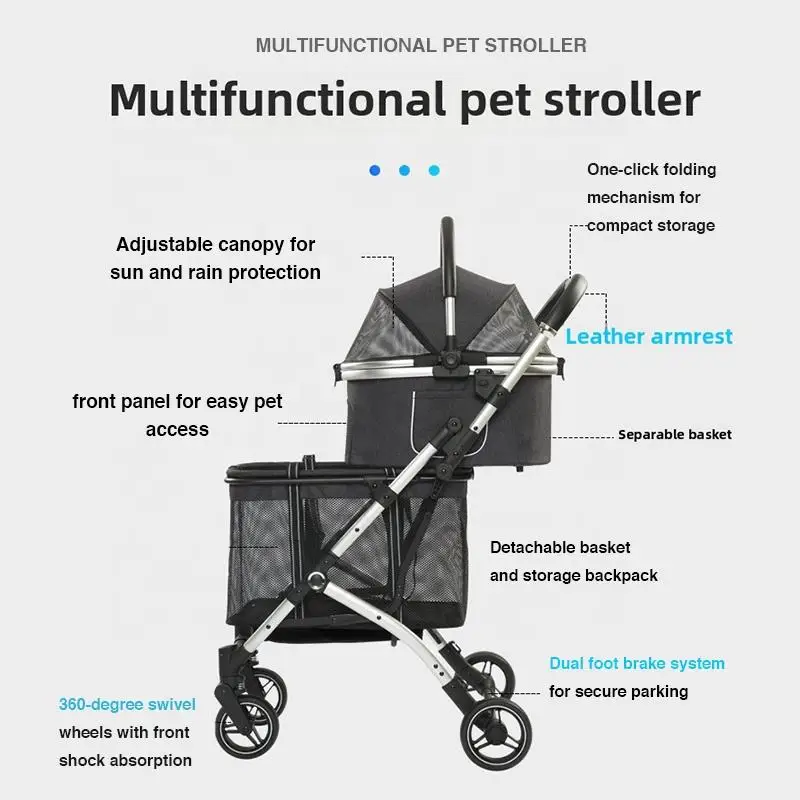 Cochecito para mascotas extraíble de doble capa de aluminio a la moda, cochecito plegable para perros para gatos, viaje, lavable, Oxford transparente