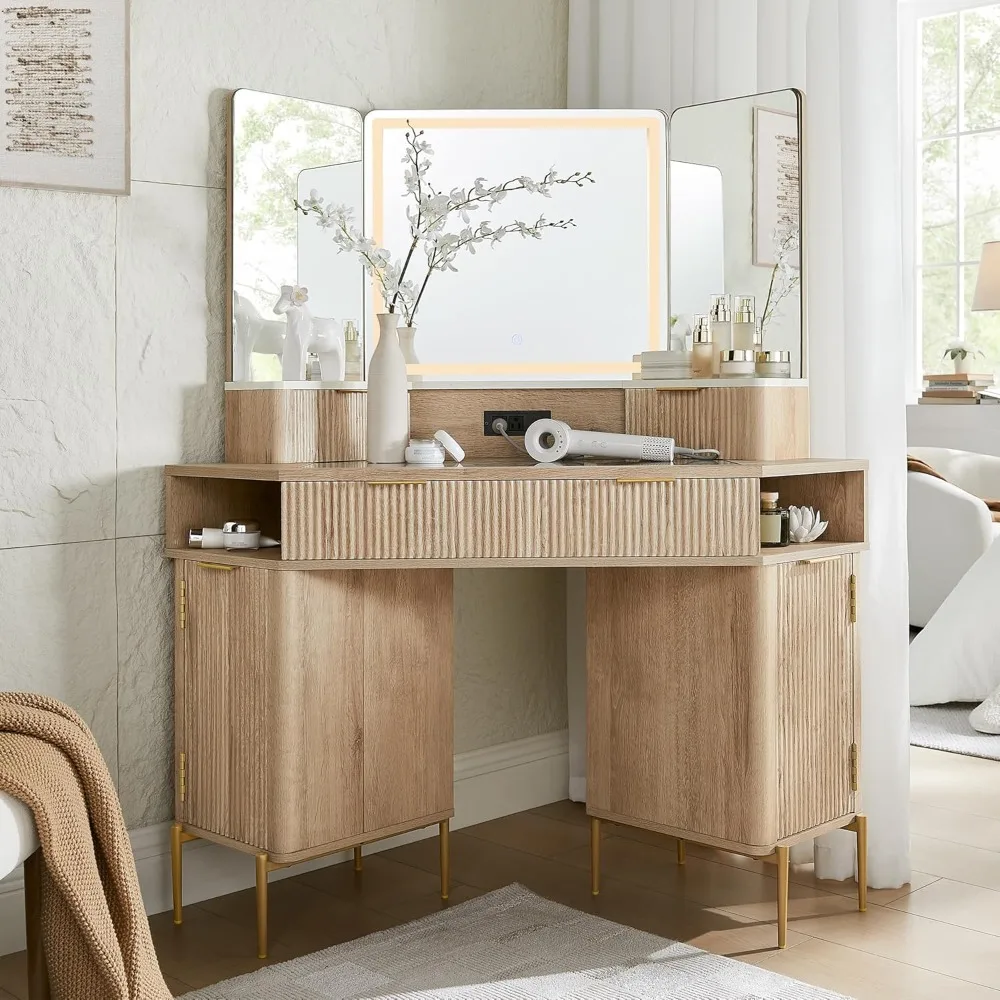 

48'' Fluted Makeup Vanity Desk with HD Triple Mirror and Lights,Large Lighted Corner Vanity with Glass Top,Modern Dressing Table