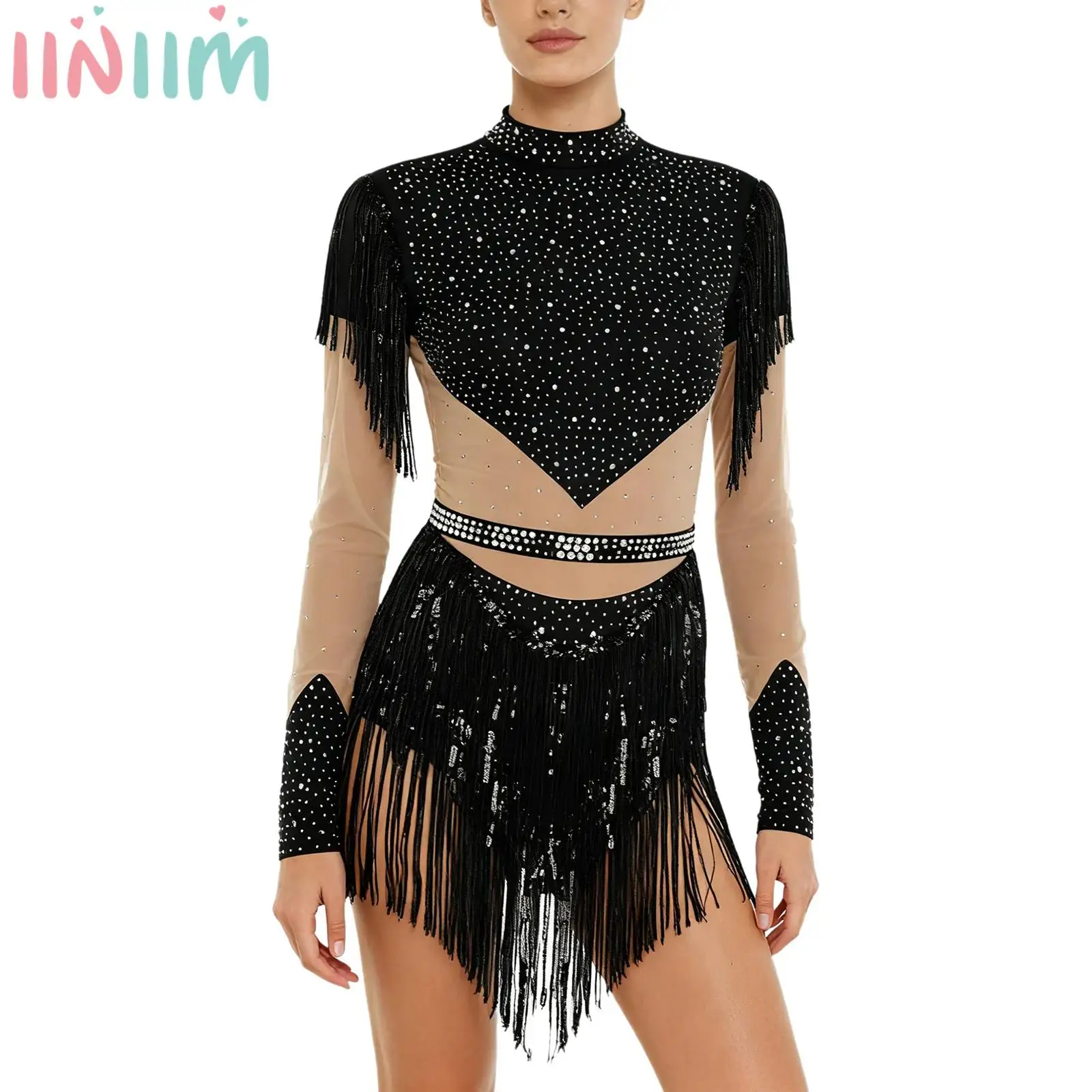 

Womens Figure Skating Leotard Dress Rhinestone Gymnastics Skirted Bodysuit Featuring Long Sleeve Sequin Tassel Detail Dancewear