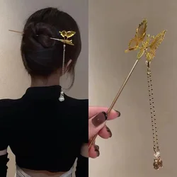 2023 New Moving Butterfly Wings Hair Sticks Pearl Tassel Ancient Wind Hairpin Hairpin Ponytail Braid Jewelry Accessories