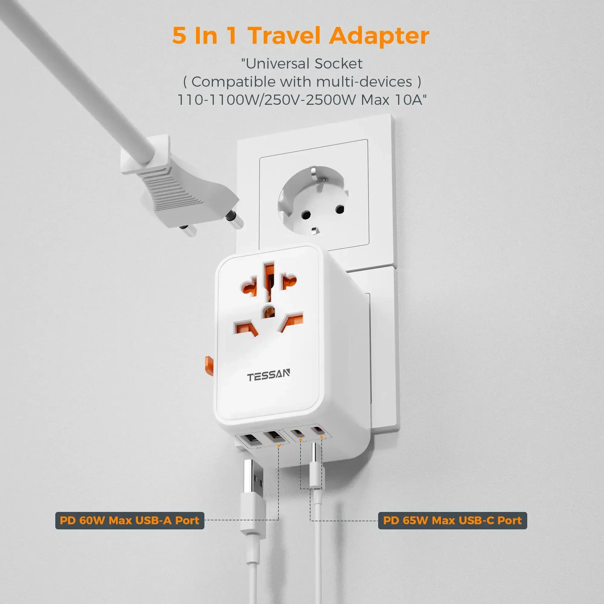 TESSAN 65 W GaN Seyahat Adaptörü Evrensel Soket 2 USB ve 2 Tip C Hızlı Şarj Güç Adaptörü AB/İngiltere/ABD/AUS Fişi Seyahat için