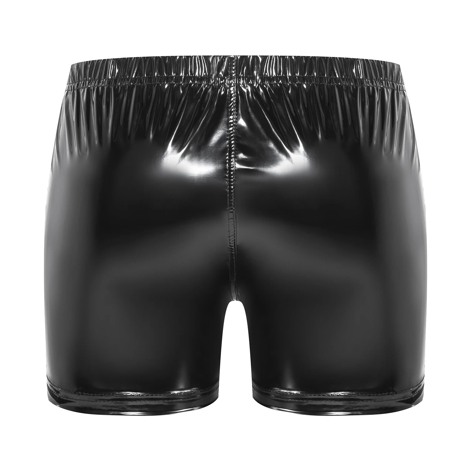 Mens Sexy Below Open Zipper Crotch Boxer Shiny Leather Underpants Elastic-wasit Male Short Latex Pants Bulge Pouch Crotchless