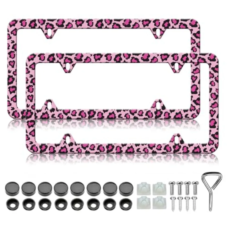 

Pink Leopard Cheetah Print License Plate Frames - 2 Pack Animal Print License Plates Holder Covers, Aluminum Metal Rust-Proof W