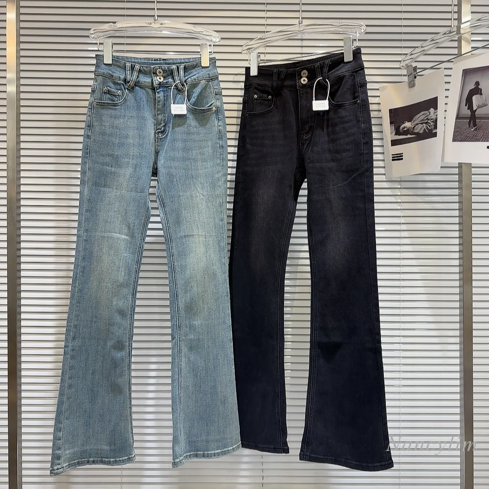 Jeans azul simples casual para mulheres, cor sólida, design lavado e desgastado, calça fina e emagrecedora, nova para primavera e verão