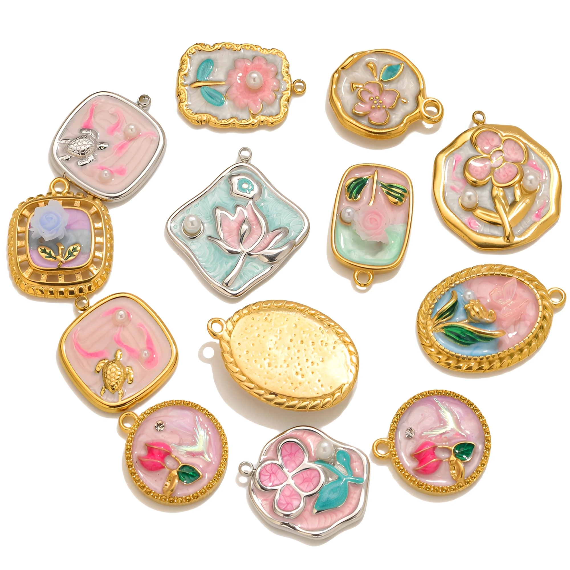 

Stainless Steel Gold Plated Enamel Pendants with Floral Designs Pearl for DIY Necklace Key Ring Accessories Jewelry Findings