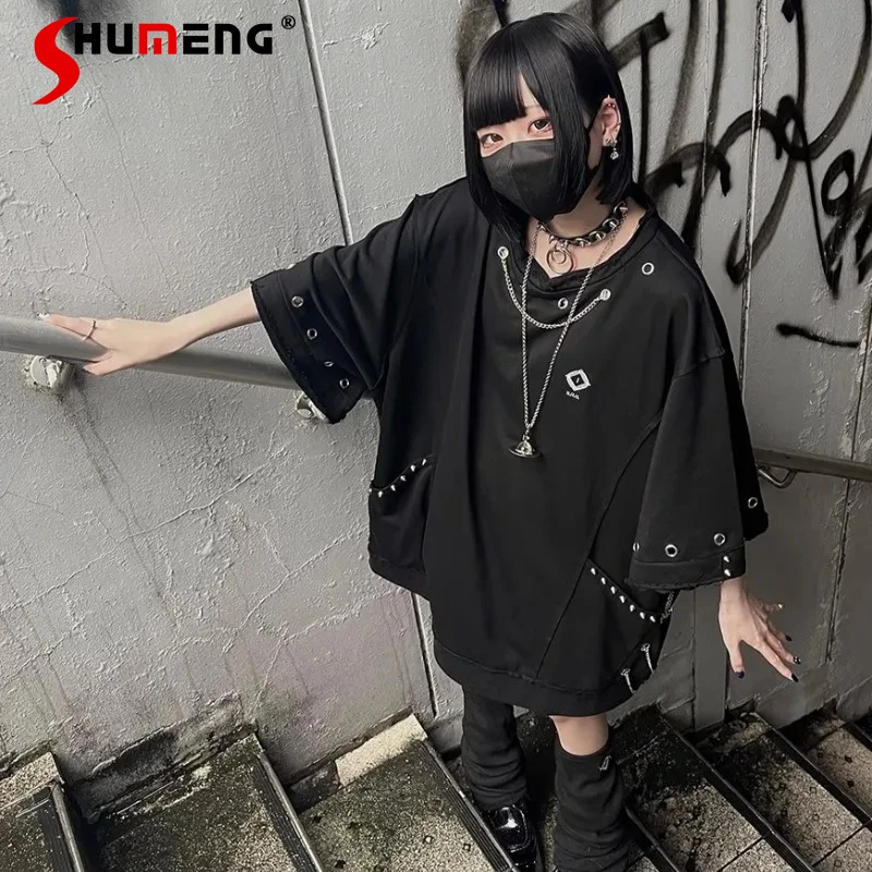 

Summer New Japanese Style Y2k O-neck Top Tshirts Subculture Dark Punk Chain Rivet Loose Short-sleeved Tees Pullovers For Women