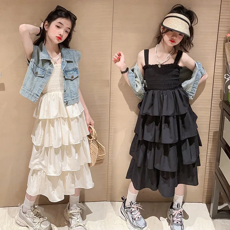 

summer teen girls clothes dress sets Cowboy vest+white black fringed dress 2pcs4-10 12 14 French kids girl outfits childer suits