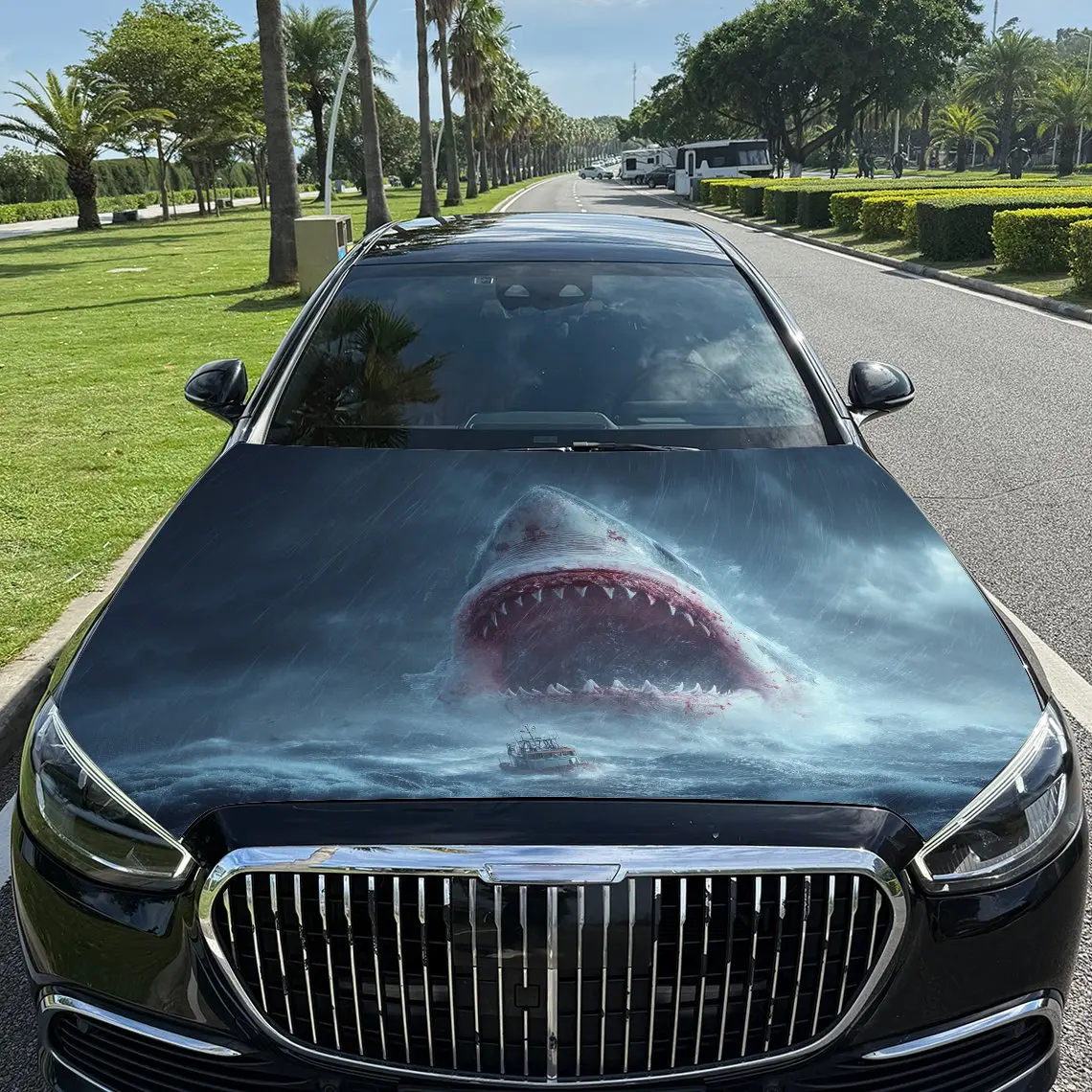 

Deep Sea Mad Shark Car Vinyl Wrap, PVC Waterproof Car Hood Sticker, Self-Adhesive Scratch-Resistant Stickers for Engine Cover, C