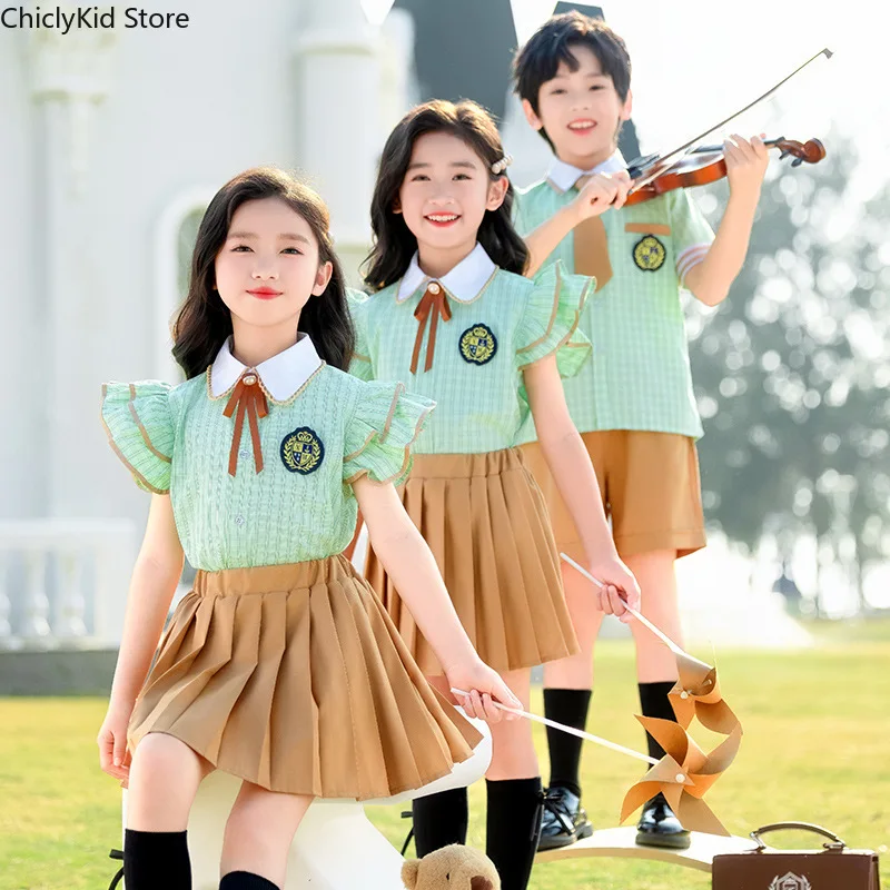 Boys British Plaid Shirt Tie Shorts Girls Cute Blouse Skirts Kids Toddler Clothes Sets Child Summer Kindergarten School Uniform