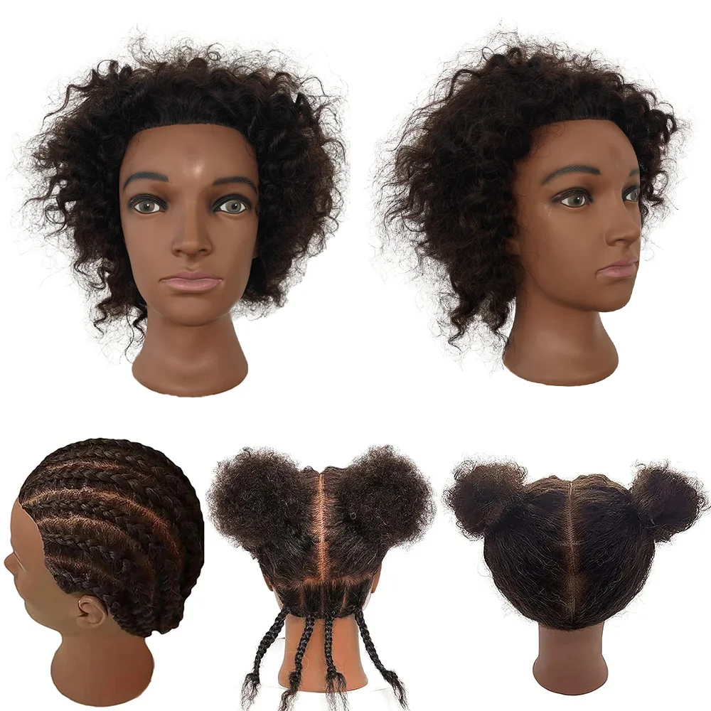 Afro Mannequin Head 8inches 100% Human Hair Traininghead Styling Head Braid Hair Dolls Head for Practicing Cornrows and Braids