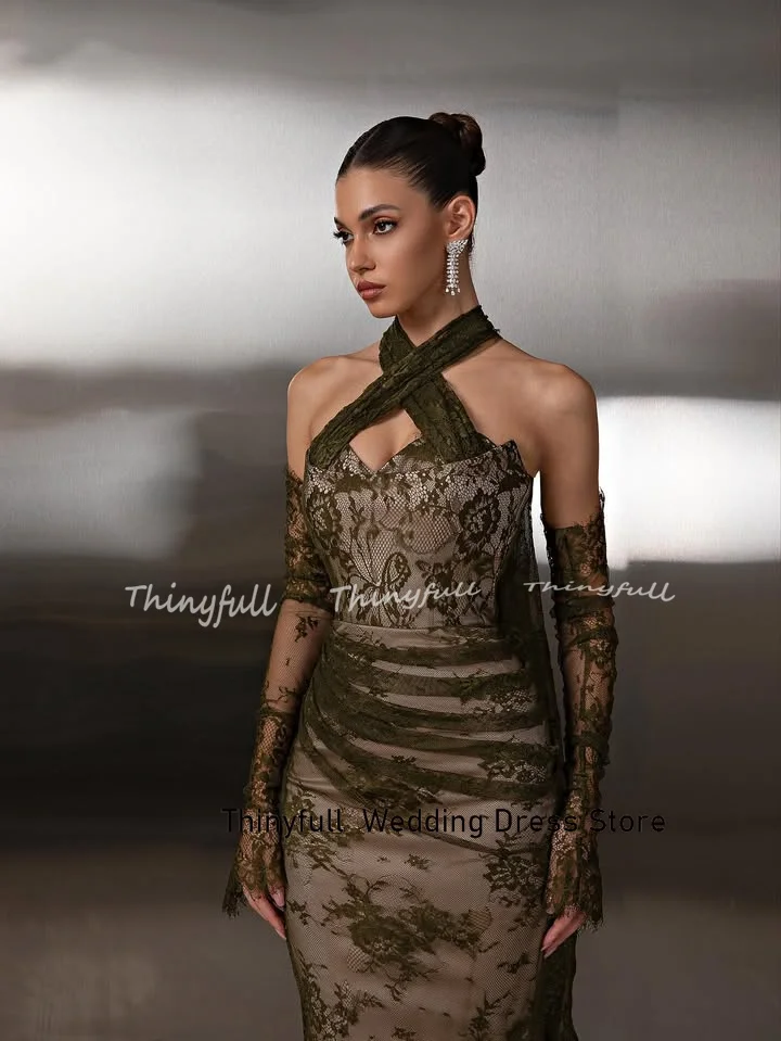 Thinyfull Sirena Arabo Abiti da ballo in pizzo Halter Maniche staccabili Abito da sera Abito lungo formale robes de soirée Personalizzato