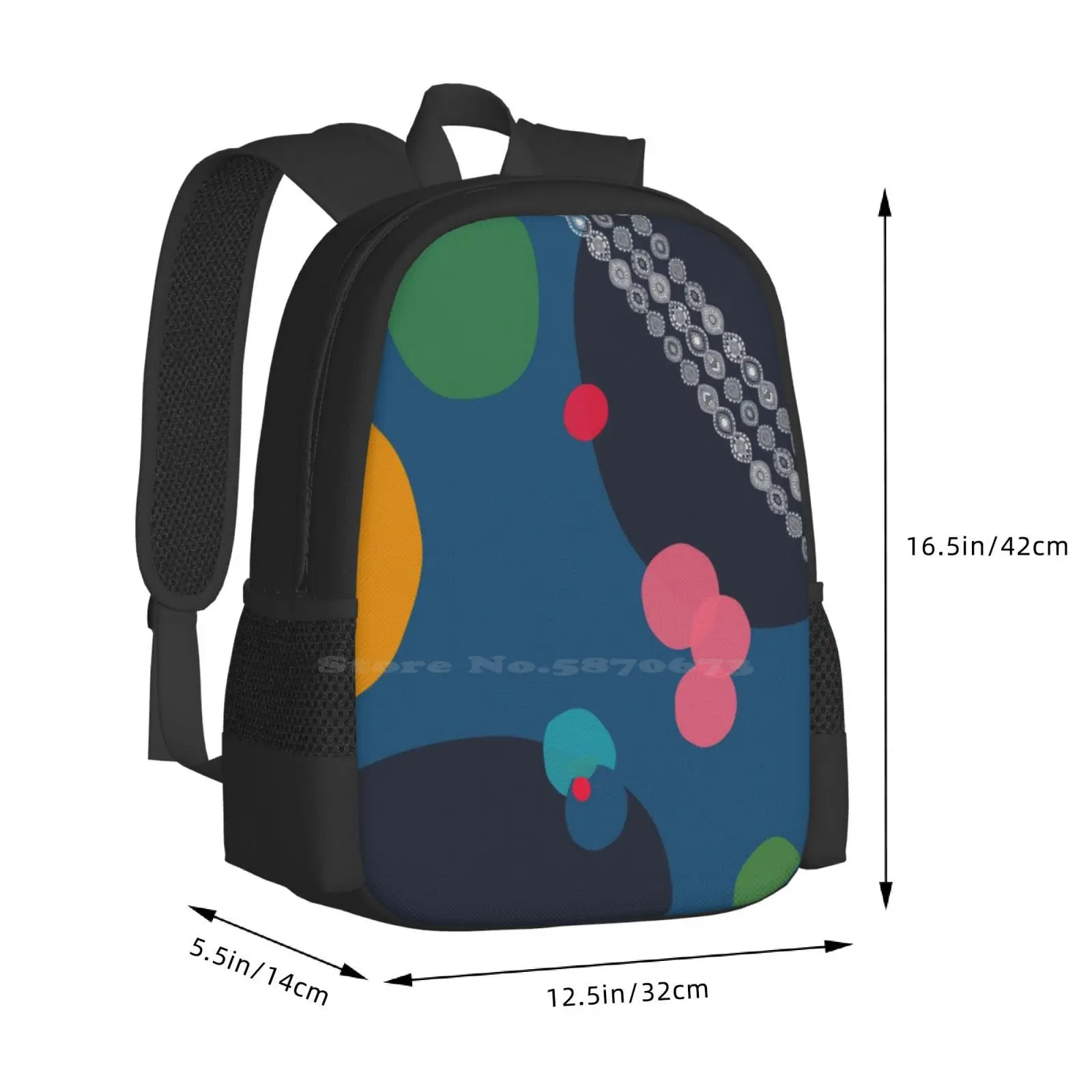 Mochila de viagem com padrão de forma abstrata, mochila escolar com design círculo, azul, verde, laranja, rosa, vermelho, azul marinho, azul marinho