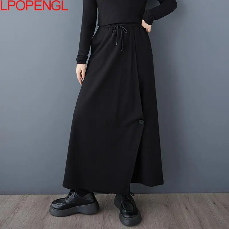 Spring And Autumn Solid Color Retro Fashion Slit Loose Hakama Women's Drawstring Streetwear Straight Oversized Wide Leg Pants