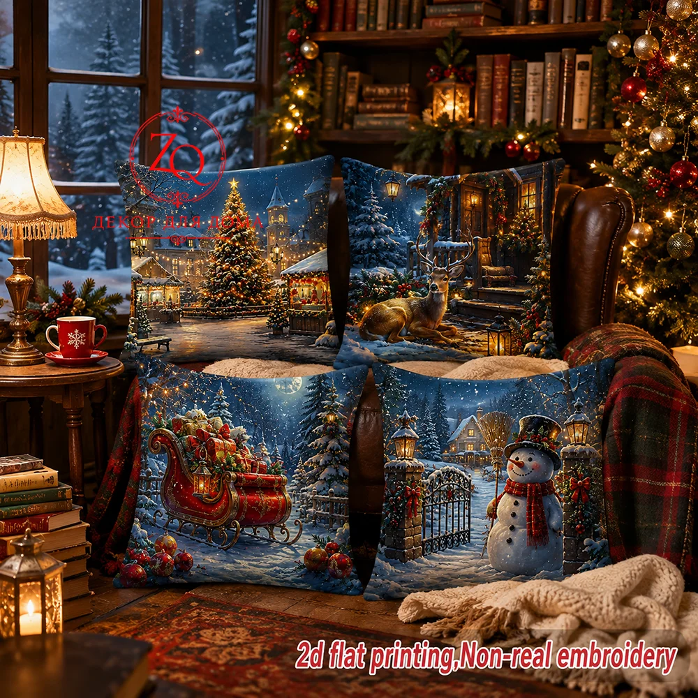 Christmas Pillow Covers Decorative Throw Pillow Cases Farmhouse Bedroom Holiday Winter Home Decor Snowman Sleigh Reindeer
