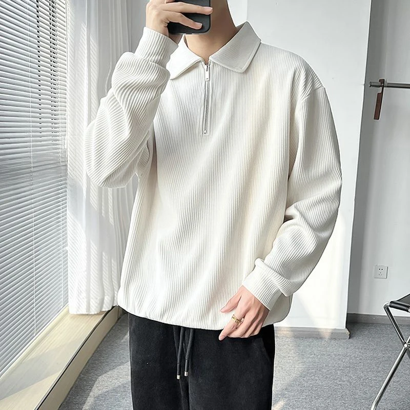 Fall Corduroy Long Sleeve Men Polo T Shirts Casual Harajuku Fashion Oversized Pullovers White Black Grey Hip Hop Punk Streetwear