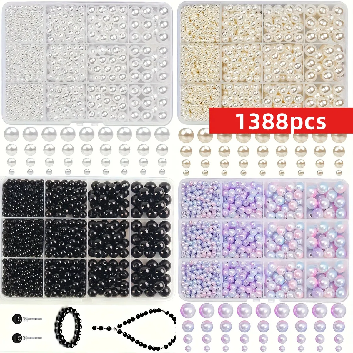 1388pcs 4/6/8/10mm Black, White, and Blue Purple 12 Grids DIY Beaded Bracelet Necklace Round Colored Beads, Craft Beads, Round
