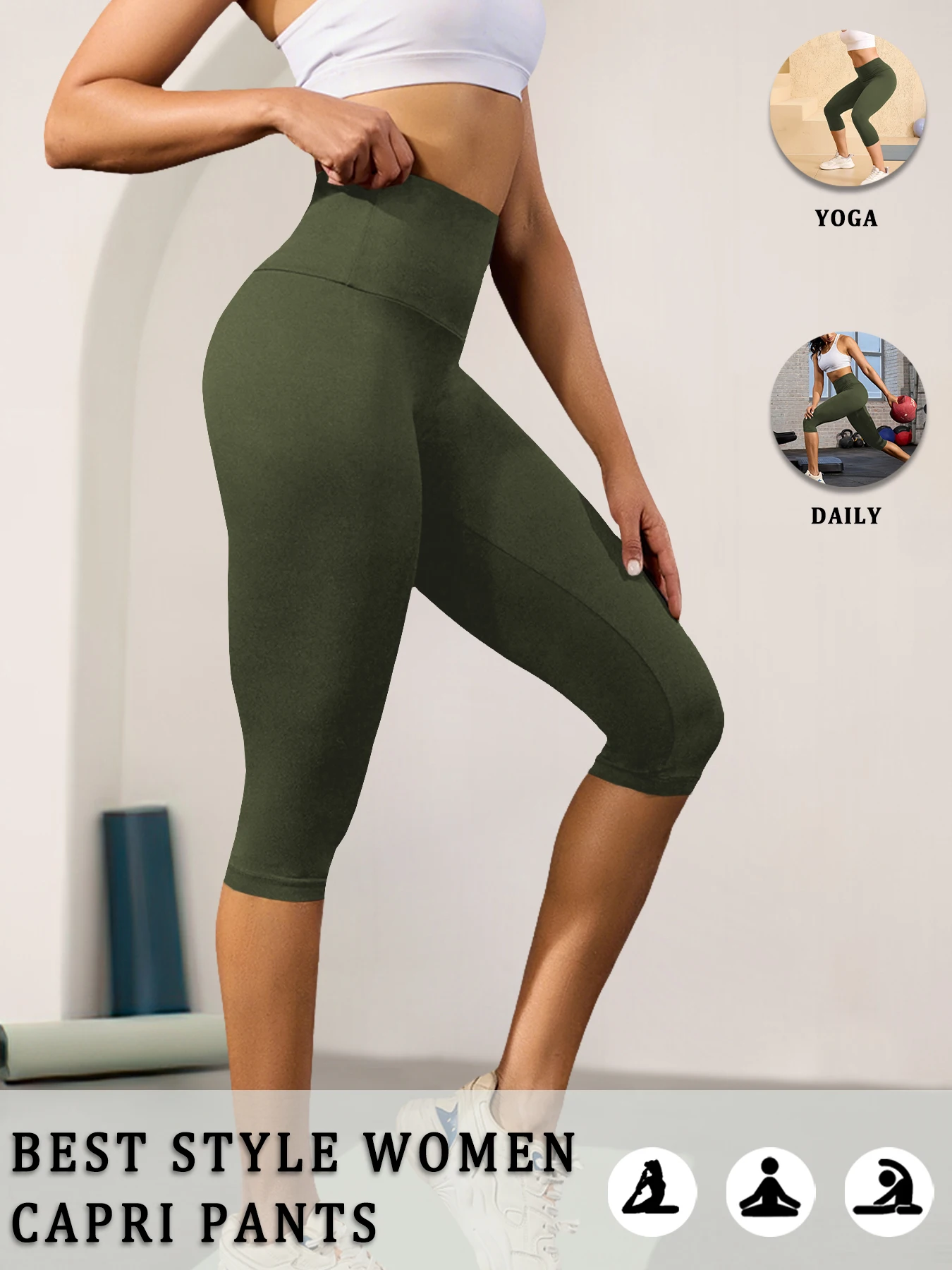 Women High Waisted Capri Pants Super Soft No See Through Tummy Control Yoga Running Workout Home Casual Leggings
