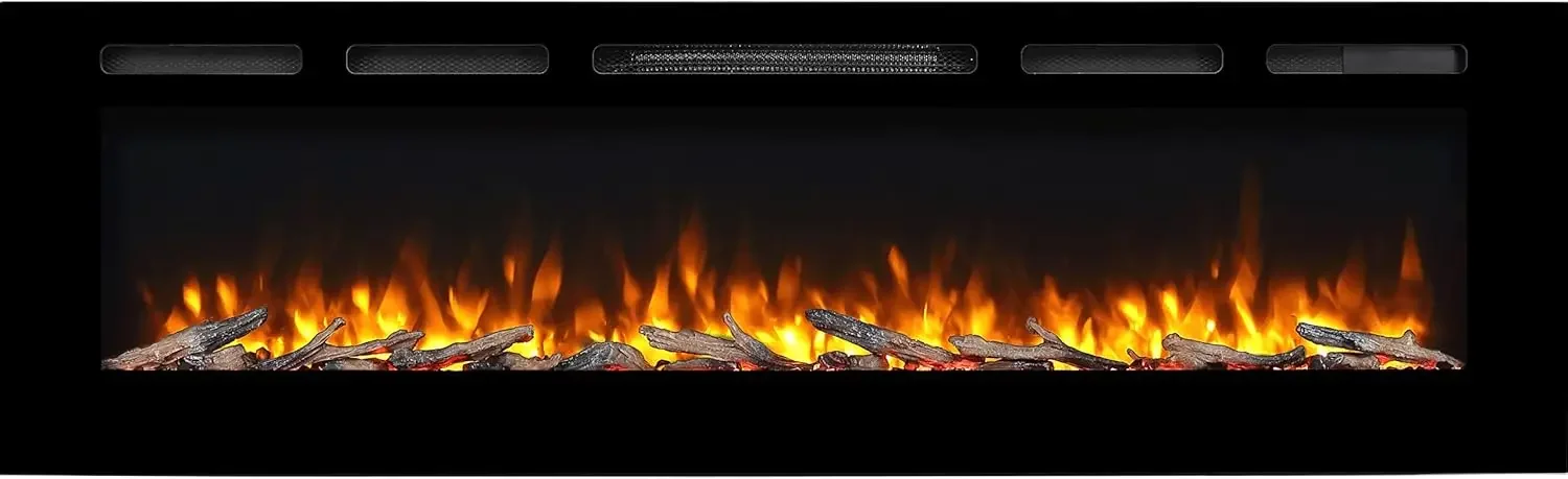 Alice 68 Inches Recessed Electric Fireplace, Flush Mounted for 2 X 6 Stud, Log Set & Crystal, 1500W Heater, Black