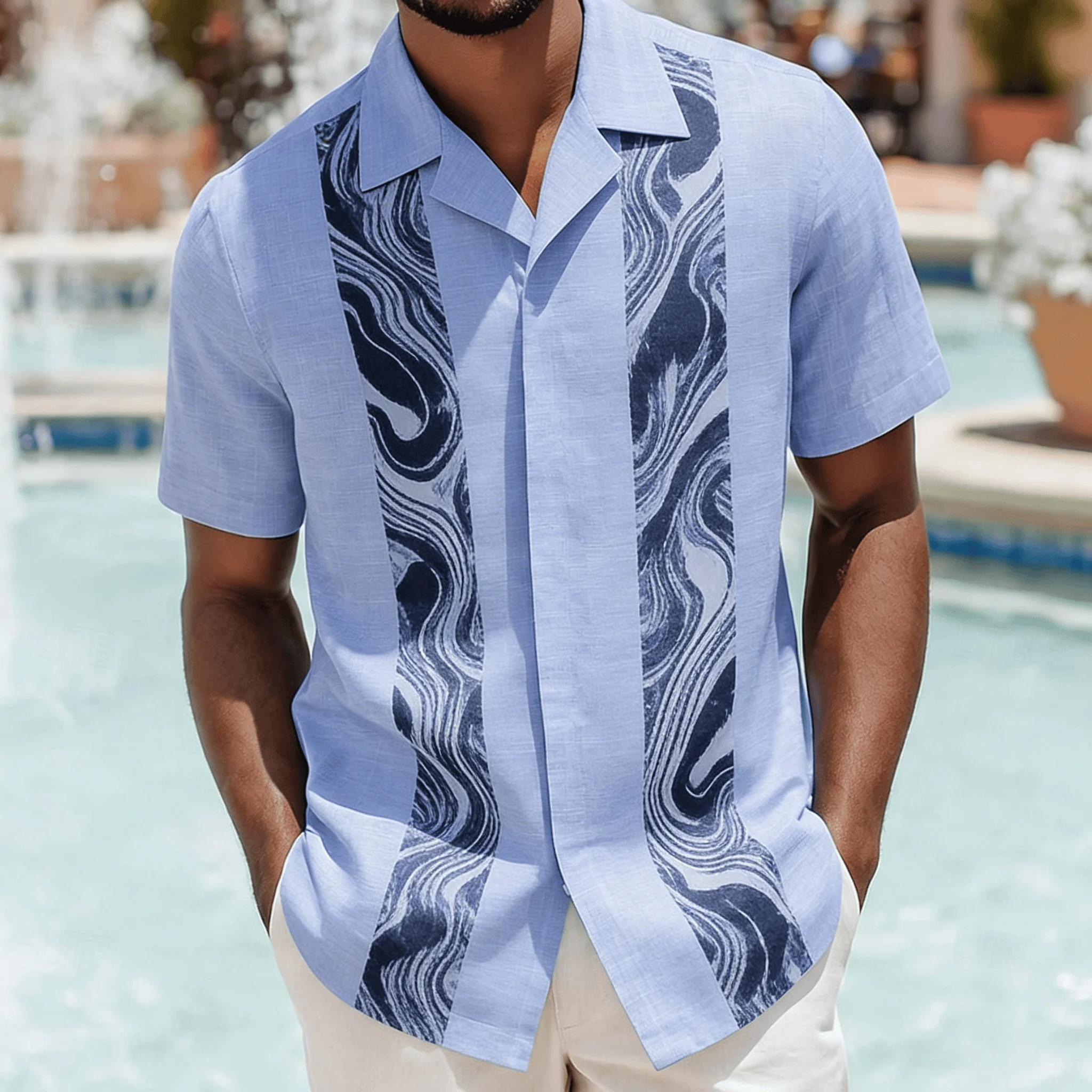 Men's Light Blue Geometric Embroidery Short Sleeve Shirt, Spring Summer Minimal Luxury Casual Top, Pocket Lapel Style