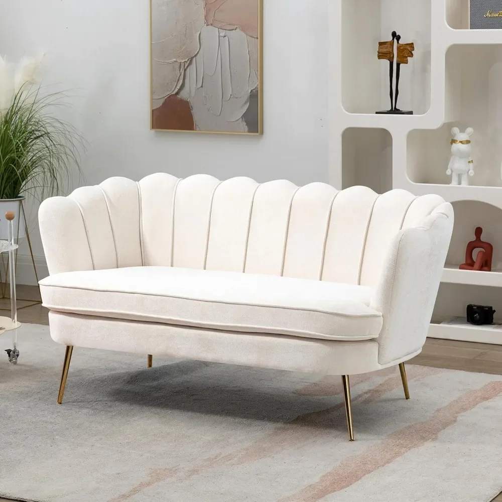 Chenille Small Loveseat Sofa with Gold Metal Legs, 59” Modern 2 Seater Sofa with Flower Backrest