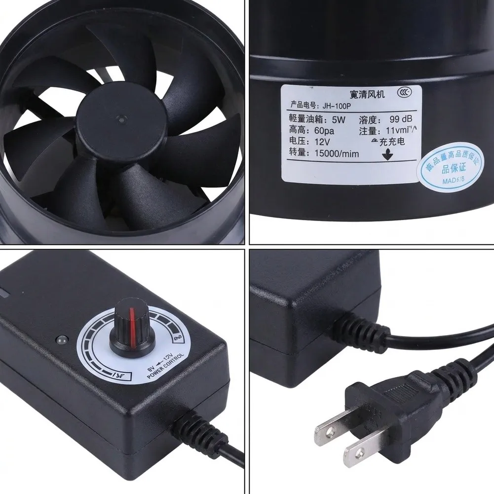 Duct Extractor Fan 12V 5W 110m3/h 39dB 3600RPM 110 100mm PVC Body for Workshop Basement and Storage Ventilation