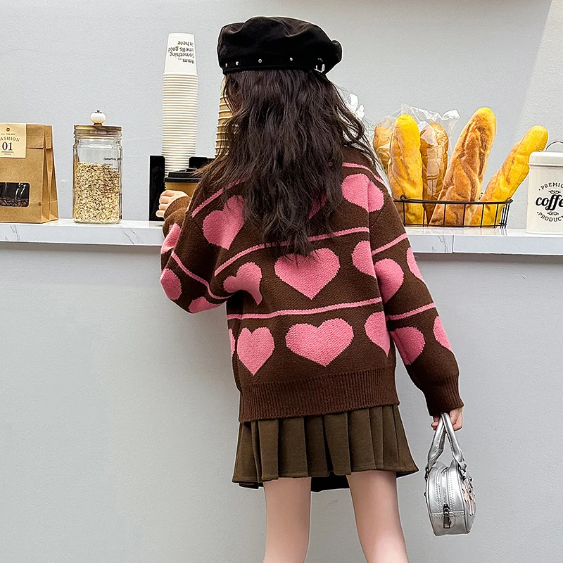 Soft Sweater For Girls Spring Fall Kids Knitted Pullover Heart Pattern Casual Tops For Children\'s Clothes 6 8 10 12 14 Years Old