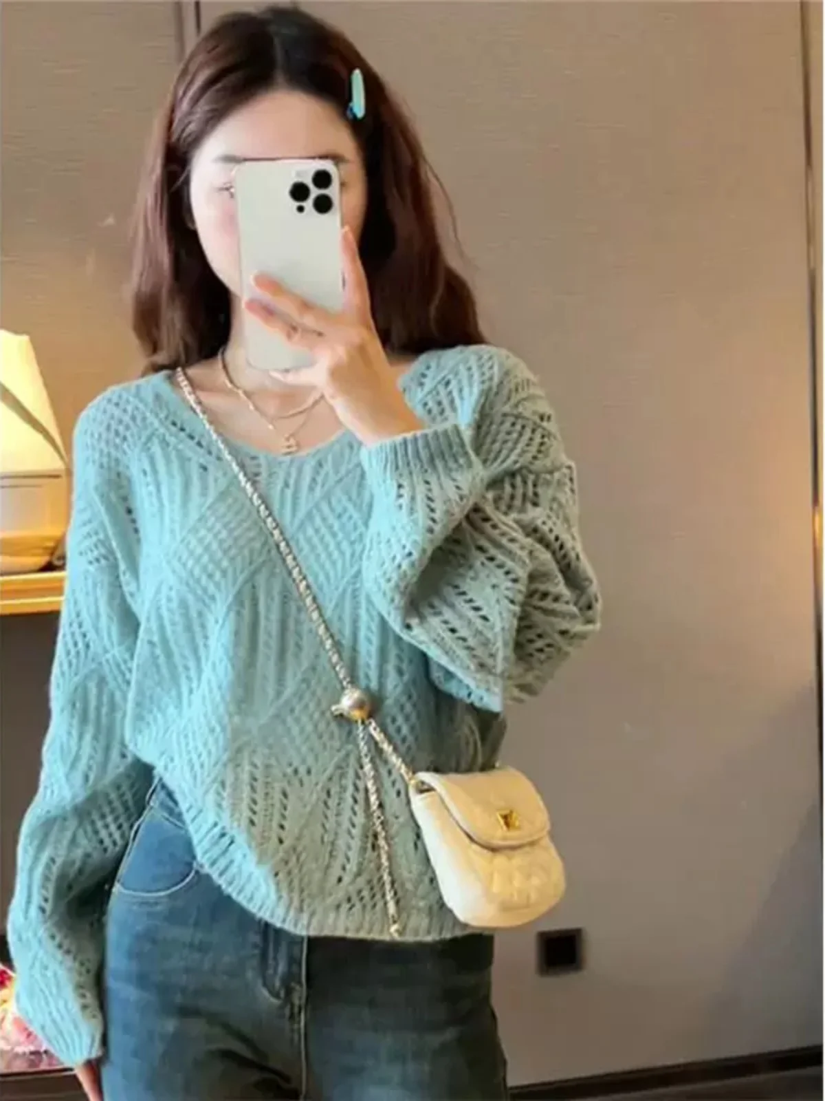 

Spring Autumn Thin Hollow out Knitted Sweater V-Ne Loose Slim Long Sve Women's Base irt Comfortable Breathable Faion