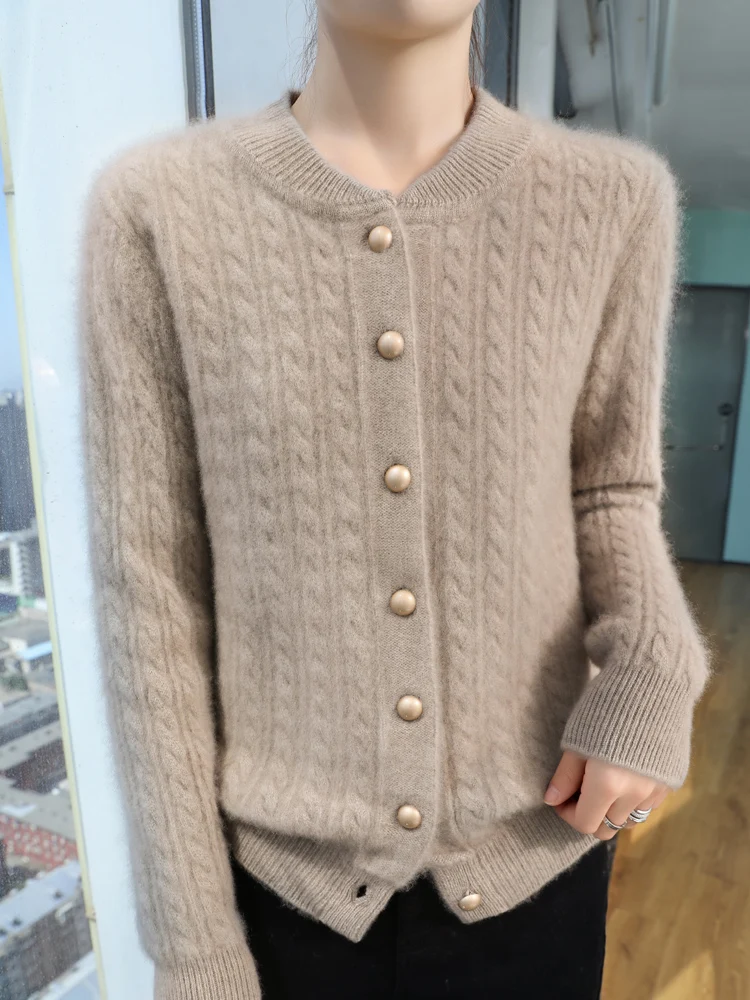 Women\'s 100% Merino Wool Cardigan Stand Collar Sweaters Long Sleeve Knitted Tops Thick Warm Outerwear Casual Fashion Fall Winter