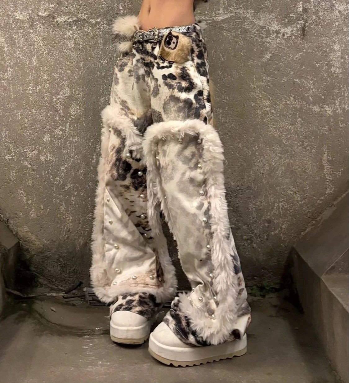 American retro jeans hot girl patchwork print leopard print street trousers personalized trendy wear loose floor-length jeans