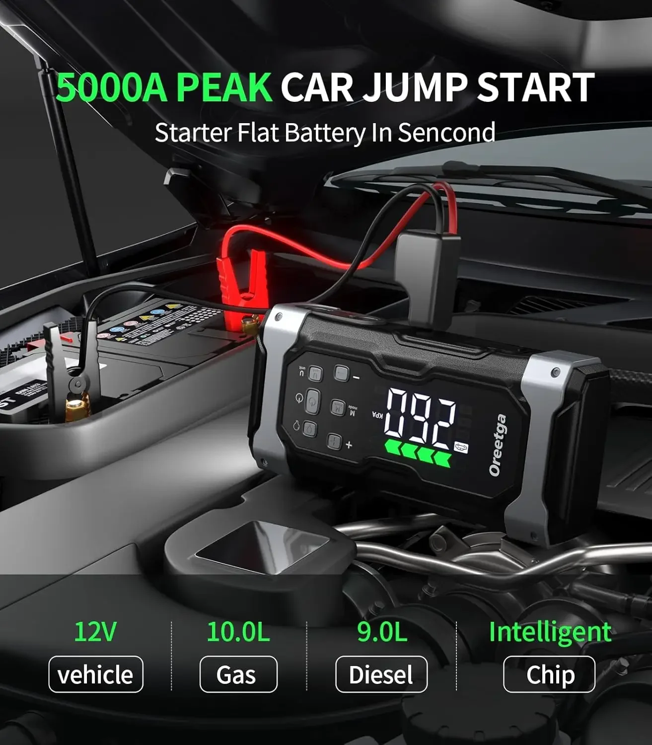 Upgraded 5000A Car Battery Jump Starter with Air Inflator/Deflator Compressor, 7 in 1 Portable Jumper Box Power Pack