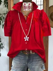 Blusa plisada a rayas rojas, Top de manga abullonada, Color sólido