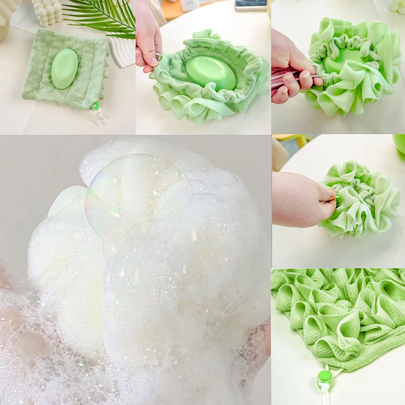 1PCS 2-In-1 Soft Exfoliating Mesh Shower Sponge Bath Ball Towel Loofah With Drawstring Closure For Soap Skin Care Bathing Tool
