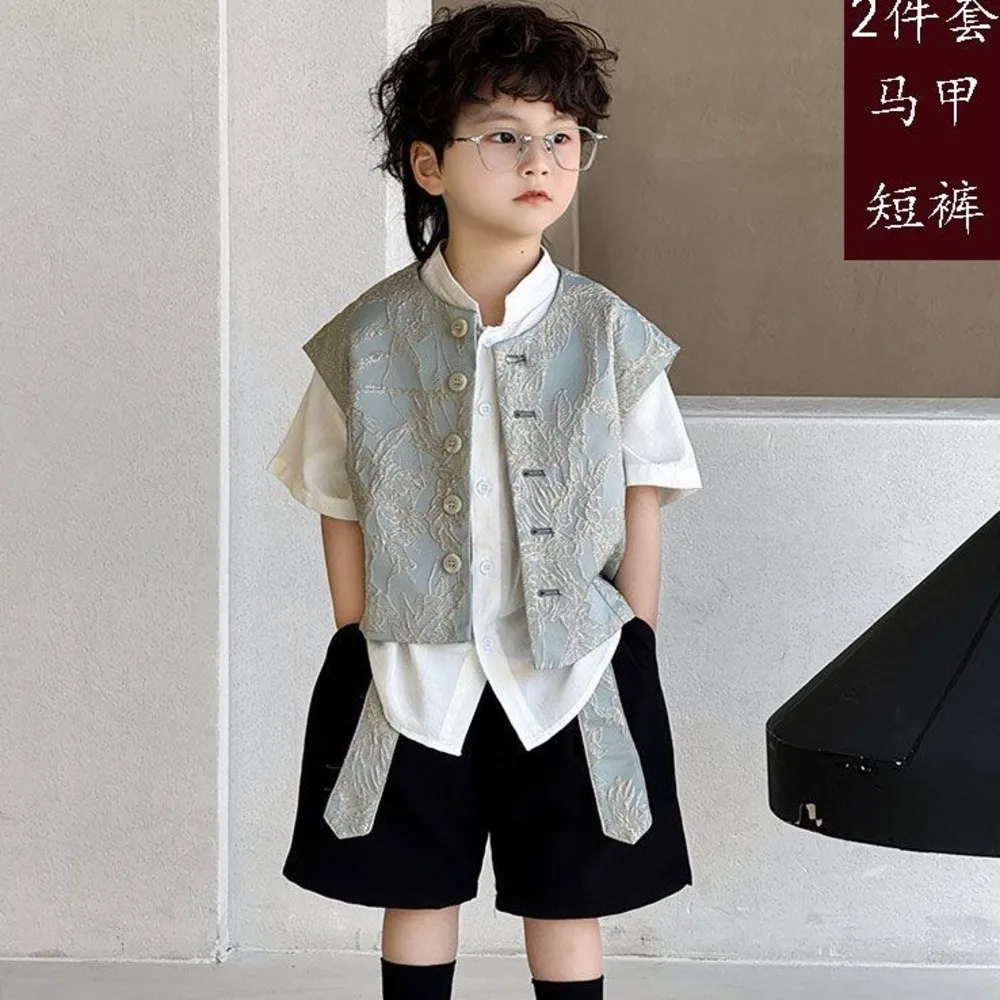 Boys\' Short Sleeved Shirt Vest Shorts 3pcs Sets With Carved Round Neck Retro Standing Neck Tops Summer Fashion Handsome Suits