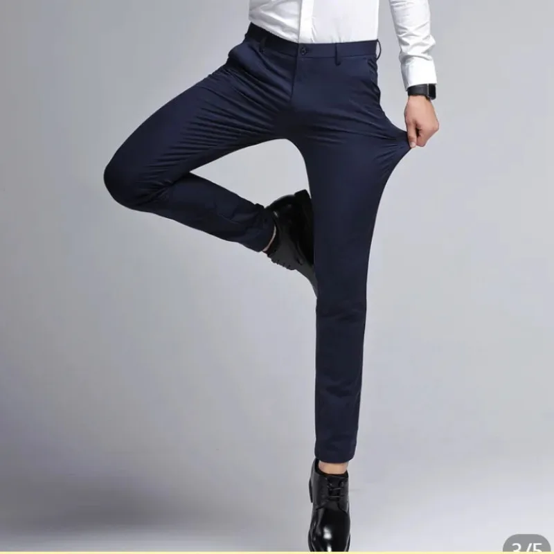 Spring Summer High Waist Elastic Slim Fit Straight Solid Trousers Button Pockets Casual Versatile Fashion Men Pants