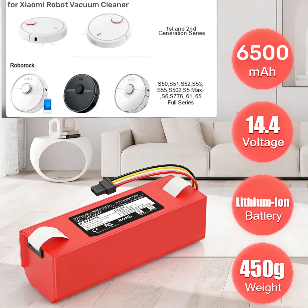 

14.4V 6500mAh Battery Pack for Xiaomi Roborock S50 S51 S55 T60 E352-00 S502-00 C10 E20 E35 Robot Vacuum Cleaner.