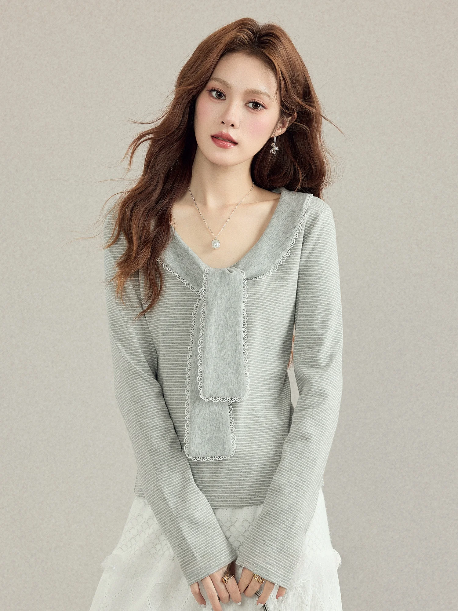 

Женская футболка Sweet Sle Long Sve с длинным рукавом, осенне-зимняя, базовая, с кружевными вставками, темно-синим воротником, лентами и полосатыми нашивками